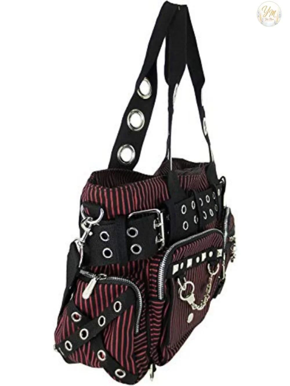 Striped Punk Rock Steampunk Hobo Purse Handcuff Skull Charm Zipper Shoulder Bag